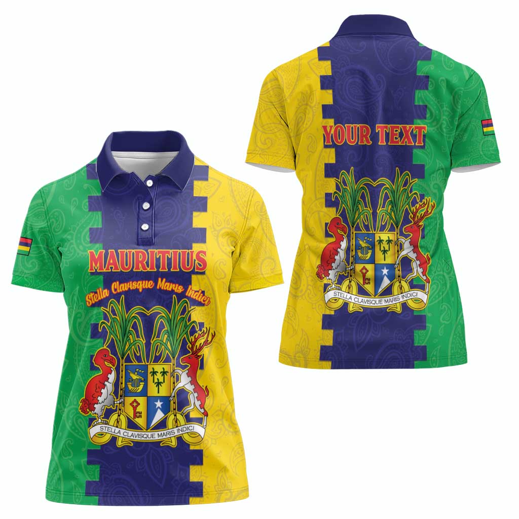 Personalised Mauritius Women Polo Shirt Coat Of Arms Mix Paisley Pattern