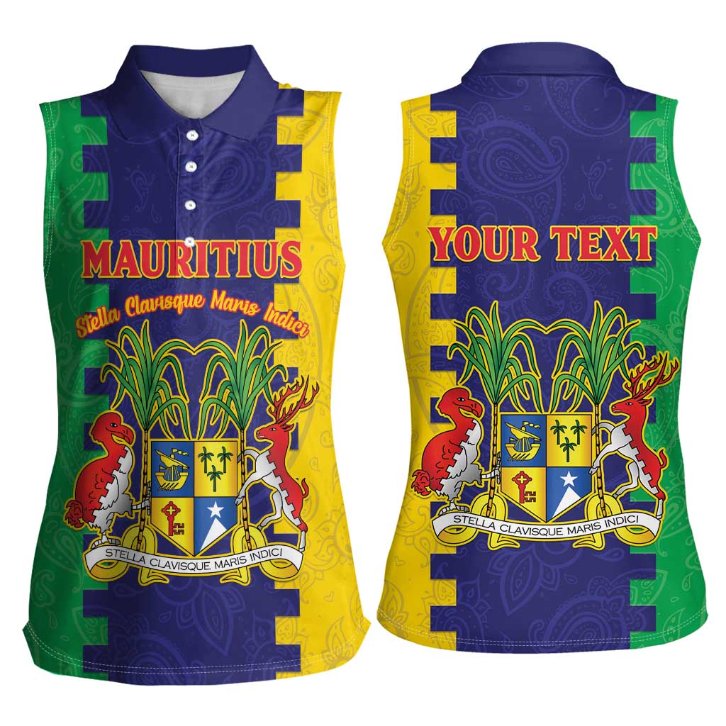 Personalised Mauritius Women Sleeveless Polo Shirt Coat Of Arms Mix Paisley Pattern