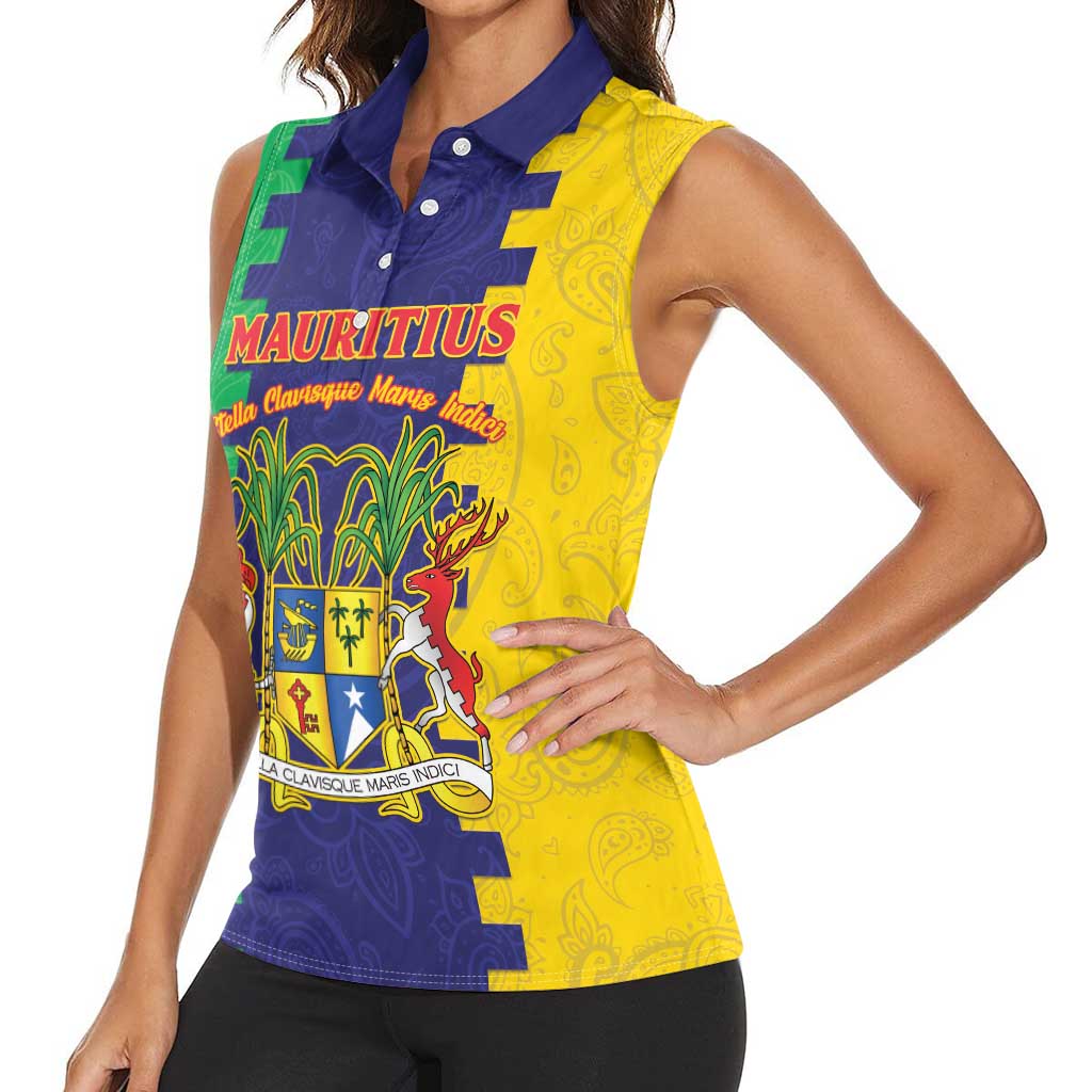 Personalised Mauritius Women Sleeveless Polo Shirt Coat Of Arms Mix Paisley Pattern