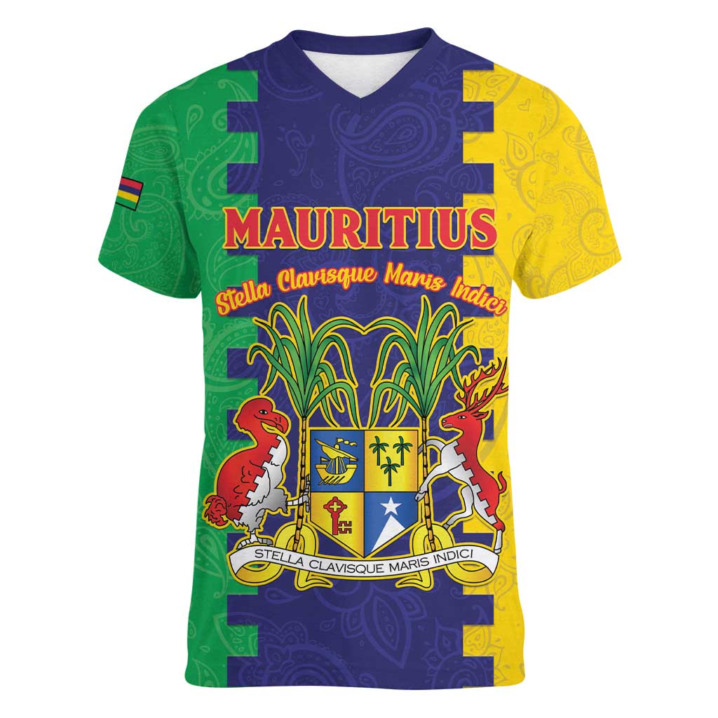 Personalised Mauritius Women V-Neck T-Shirt Coat Of Arms Mix Paisley Pattern