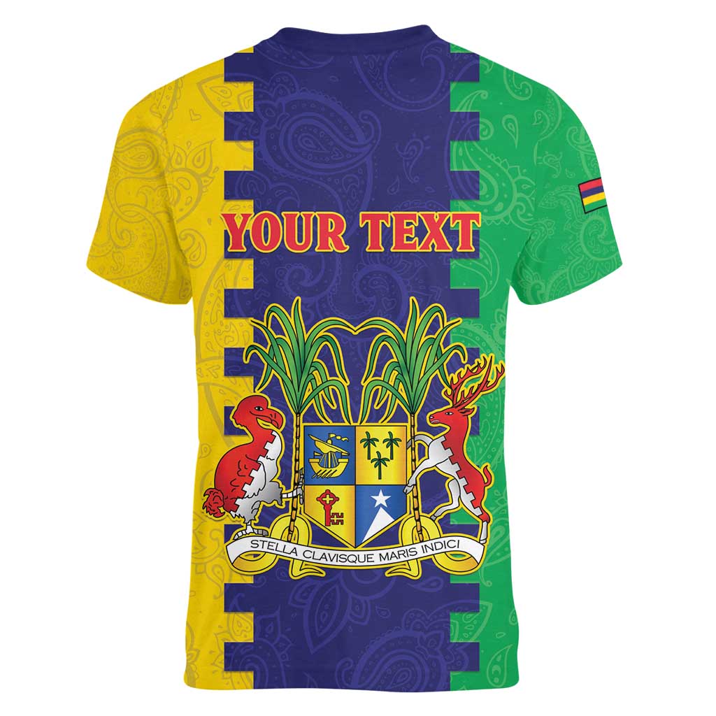 Personalised Mauritius Women V-Neck T-Shirt Coat Of Arms Mix Paisley Pattern