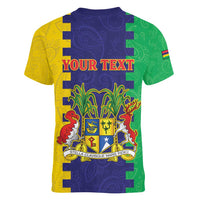 Personalised Mauritius Women V-Neck T-Shirt Coat Of Arms Mix Paisley Pattern