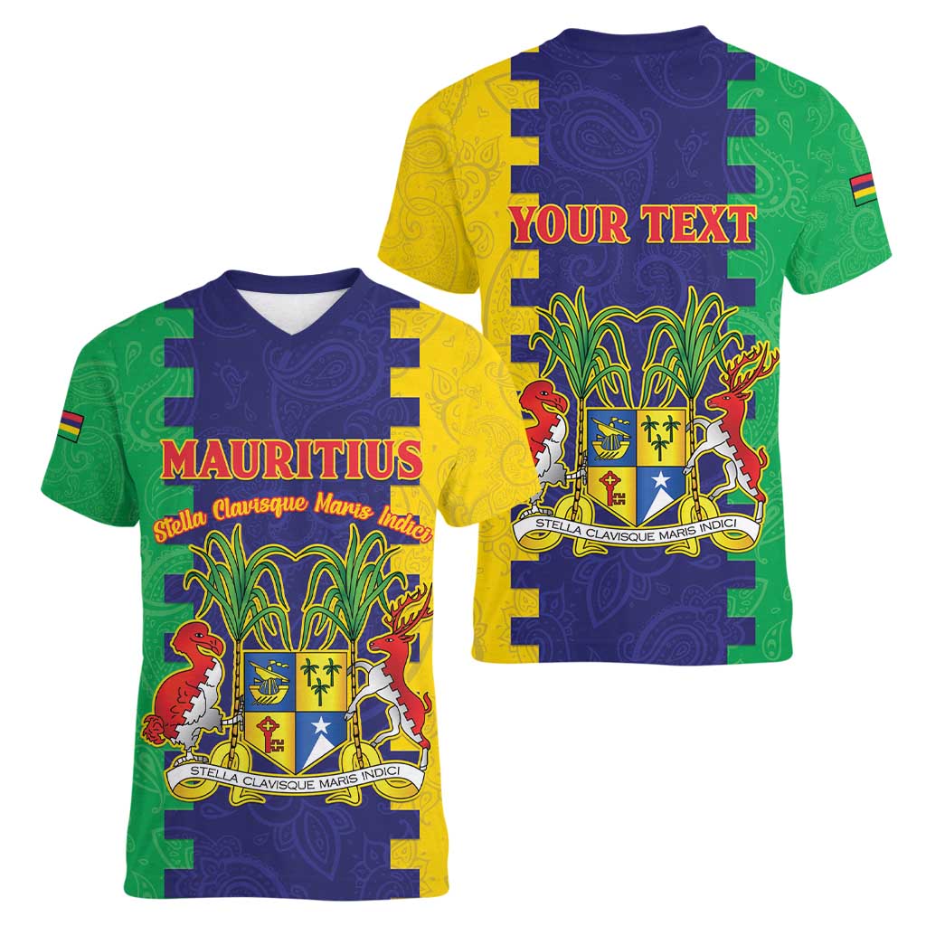 Personalised Mauritius Women V-Neck T-Shirt Coat Of Arms Mix Paisley Pattern