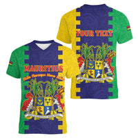Personalised Mauritius Women V-Neck T-Shirt Coat Of Arms Mix Paisley Pattern