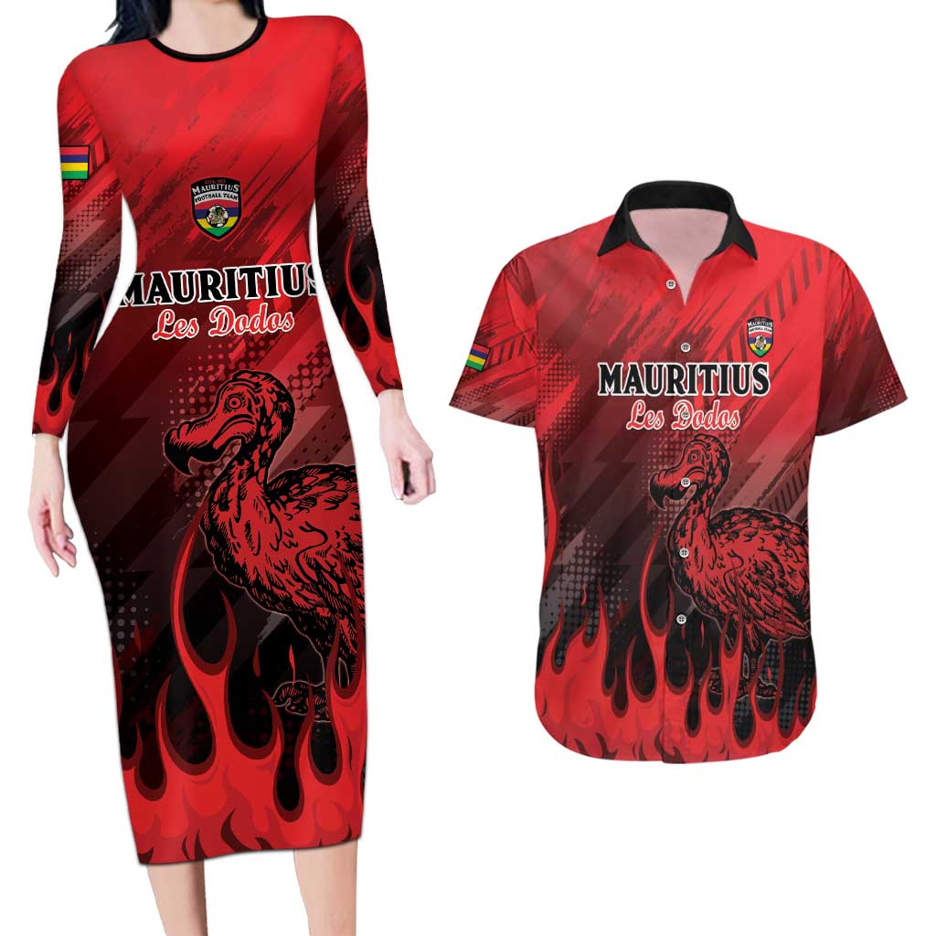 Personalised Mauritius Football Couples Matching Long Sleeve Bodycon Dress and Hawaiian Shirt Allez Les Dodos Grunge Style