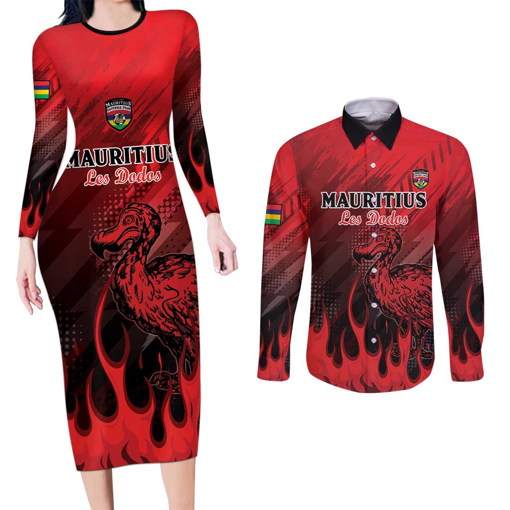 Personalised Mauritius Football Couples Matching Long Sleeve Bodycon Dress and Long Sleeve Button Shirt Allez Les Dodos Grunge Style
