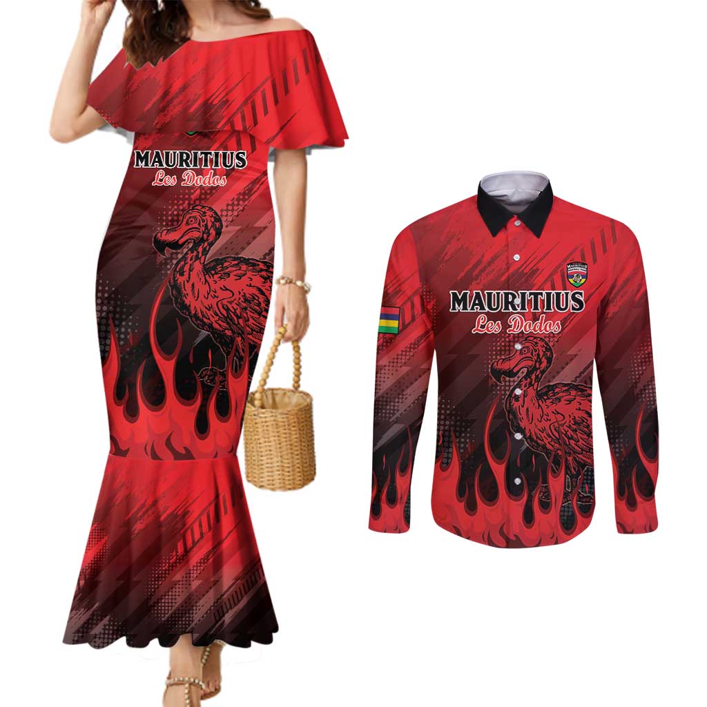 Personalised Mauritius Football Couples Matching Mermaid Dress and Long Sleeve Button Shirt Allez Les Dodos Grunge Style