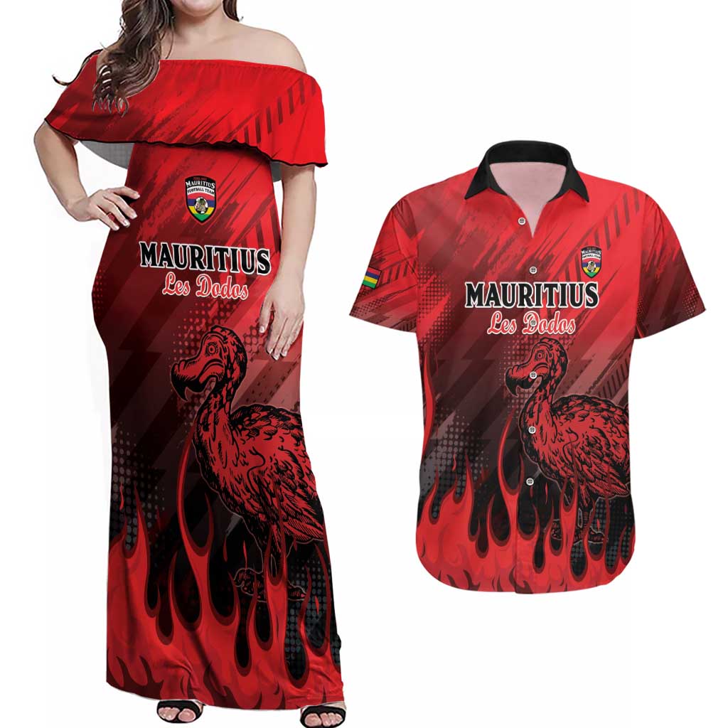 Personalised Mauritius Football Couples Matching Off Shoulder Maxi Dress and Hawaiian Shirt Allez Les Dodos Grunge Style