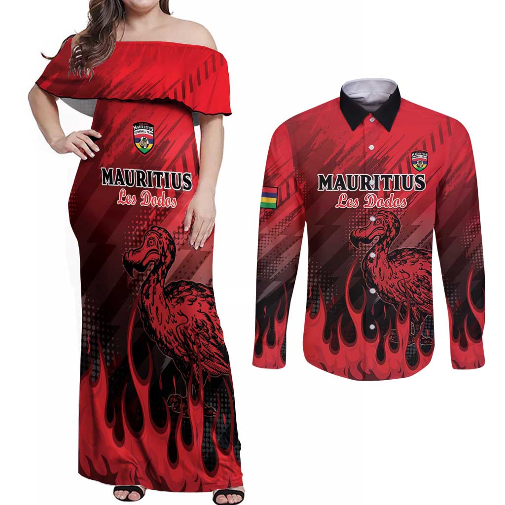 Personalised Mauritius Football Couples Matching Off Shoulder Maxi Dress and Long Sleeve Button Shirt Allez Les Dodos Grunge Style