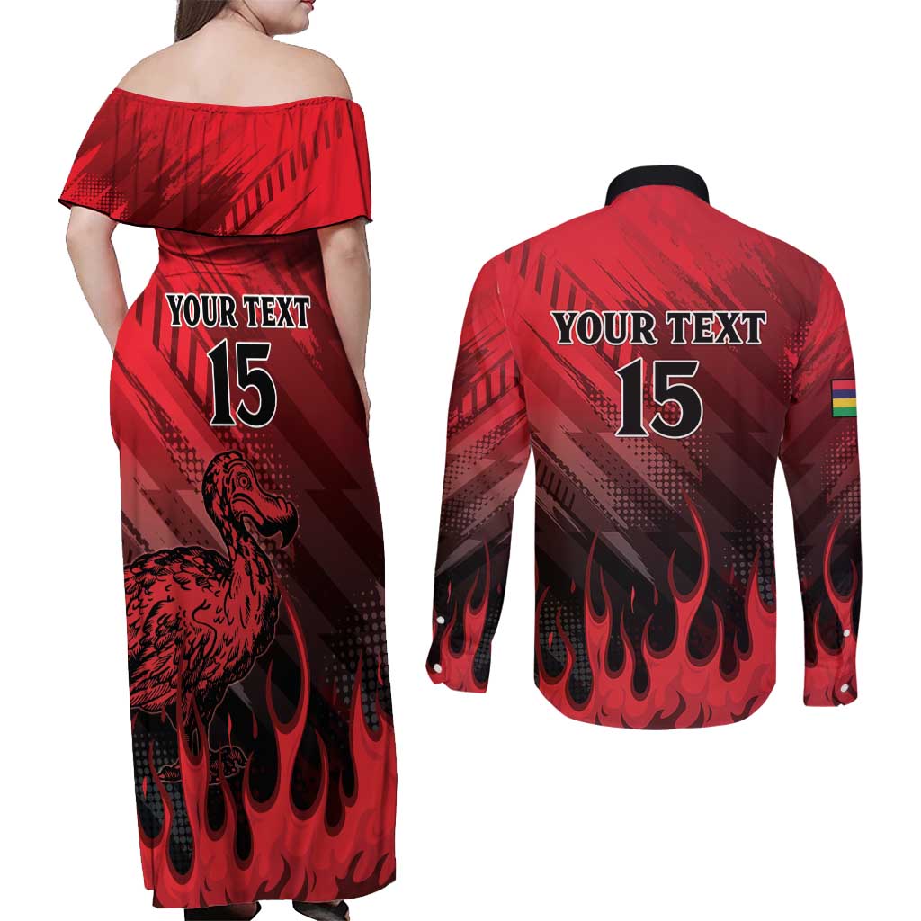 Personalised Mauritius Football Couples Matching Off Shoulder Maxi Dress and Long Sleeve Button Shirt Allez Les Dodos Grunge Style