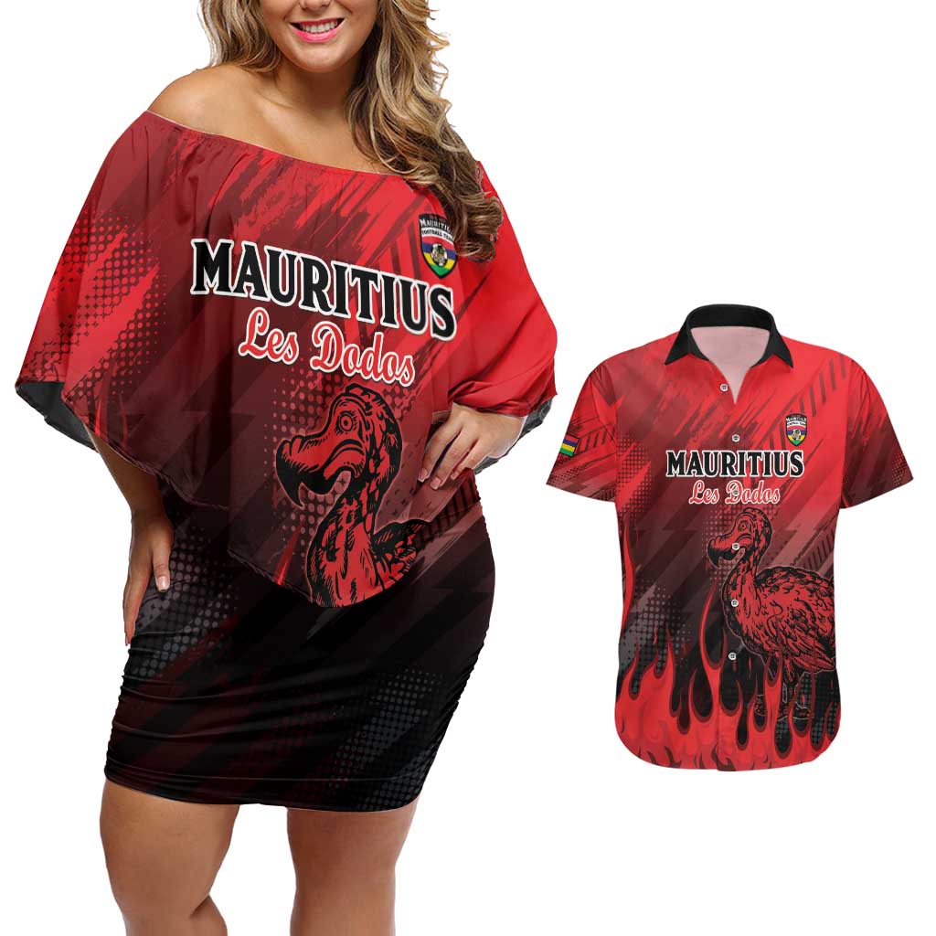 Personalised Mauritius Football Couples Matching Off Shoulder Short Dress and Hawaiian Shirt Allez Les Dodos Grunge Style