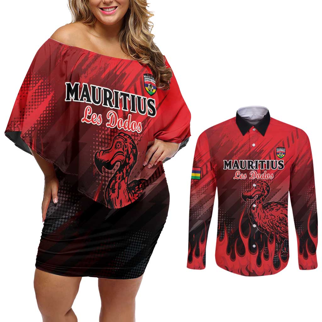 Personalised Mauritius Football Couples Matching Off Shoulder Short Dress and Long Sleeve Button Shirt Allez Les Dodos Grunge Style