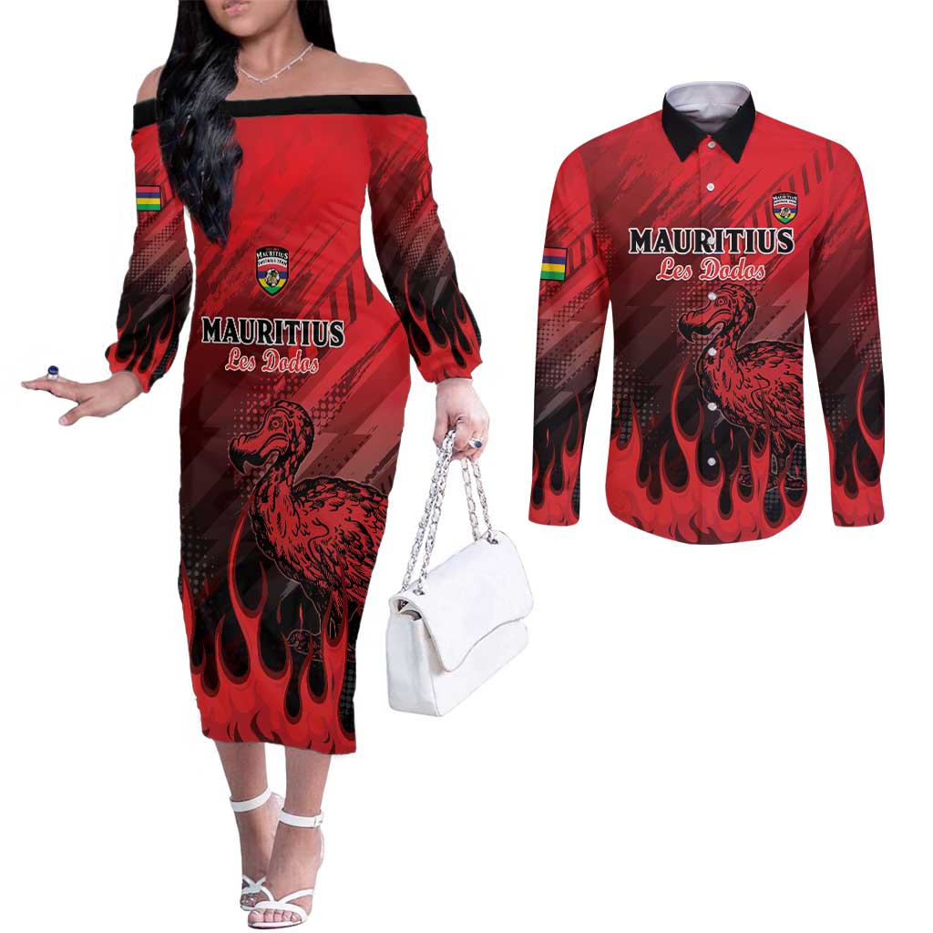 Personalised Mauritius Football Couples Matching Off The Shoulder Long Sleeve Dress and Long Sleeve Button Shirt Allez Les Dodos Grunge Style
