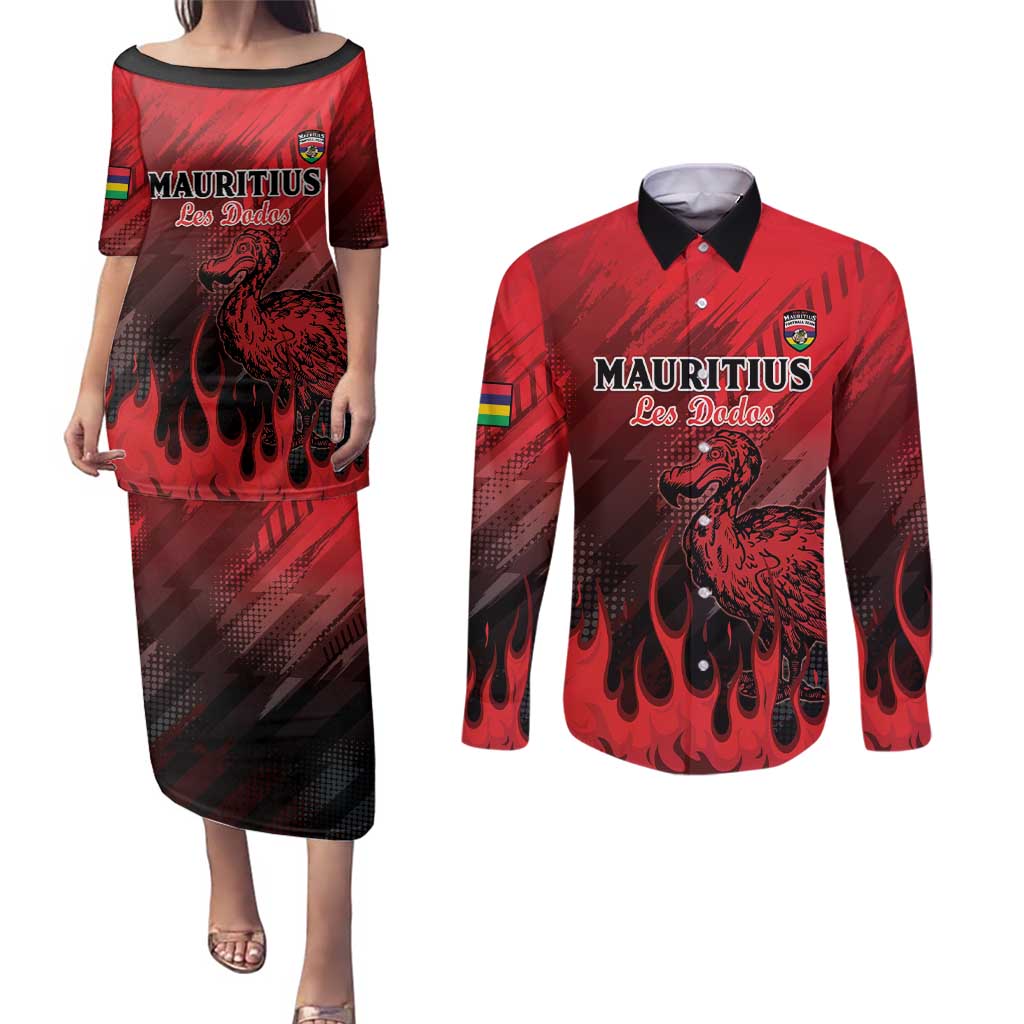 Personalised Mauritius Football Couples Matching Puletasi and Long Sleeve Button Shirt Allez Les Dodos Grunge Style