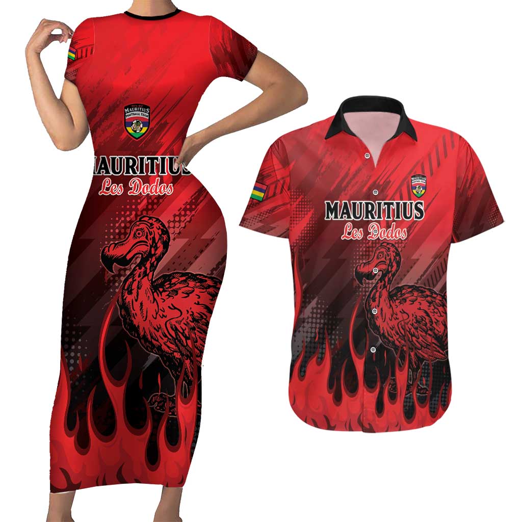 Personalised Mauritius Football Couples Matching Short Sleeve Bodycon Dress and Hawaiian Shirt Allez Les Dodos Grunge Style