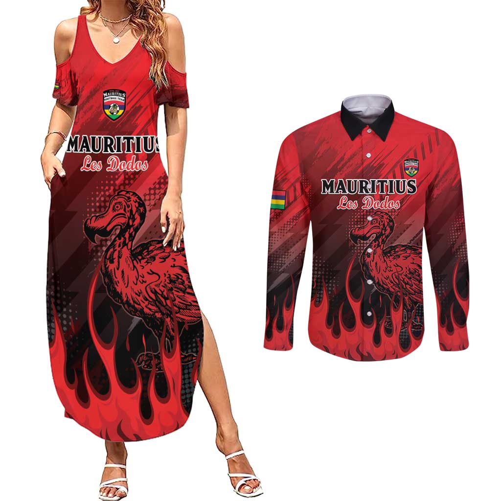 Personalised Mauritius Football Couples Matching Summer Maxi Dress and Long Sleeve Button Shirt Allez Les Dodos Grunge Style
