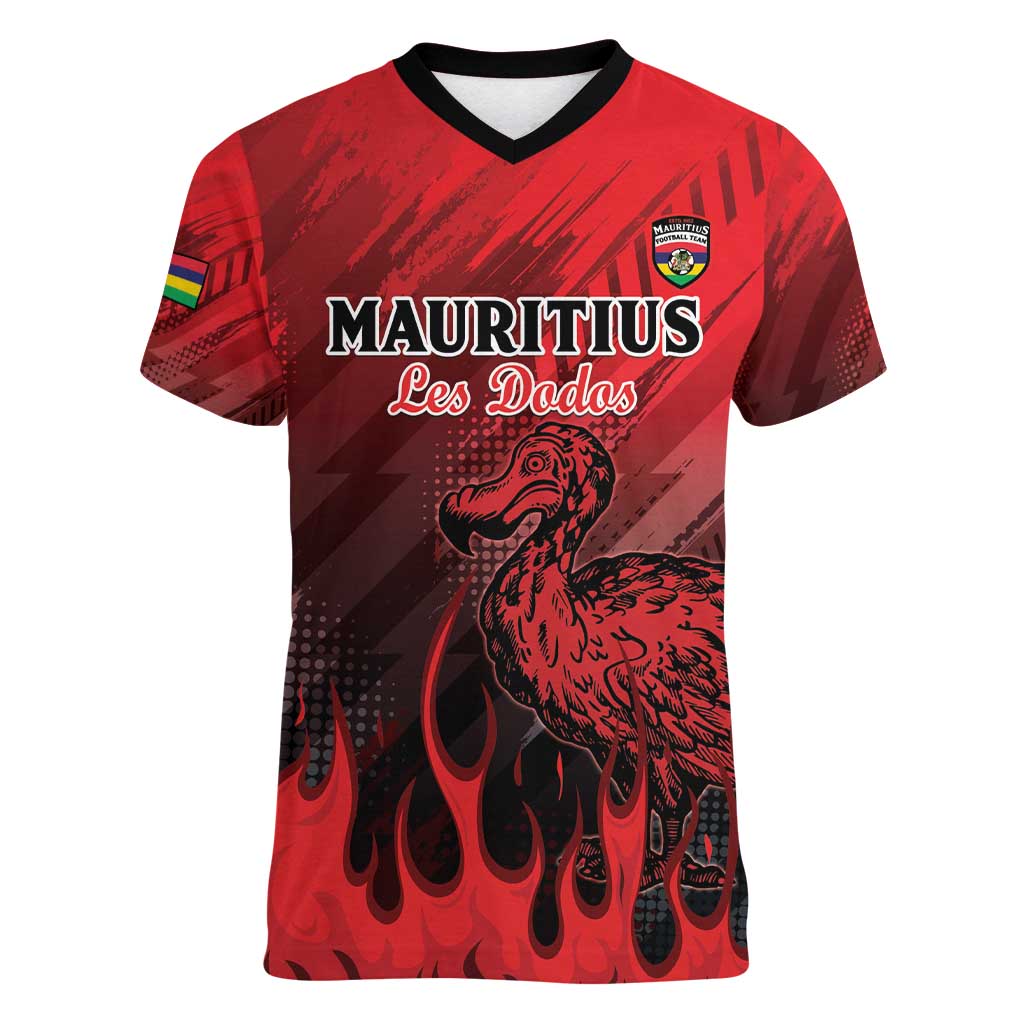 Personalised Mauritius Football Women V-Neck T-Shirt Allez Les Dodos Grunge Style