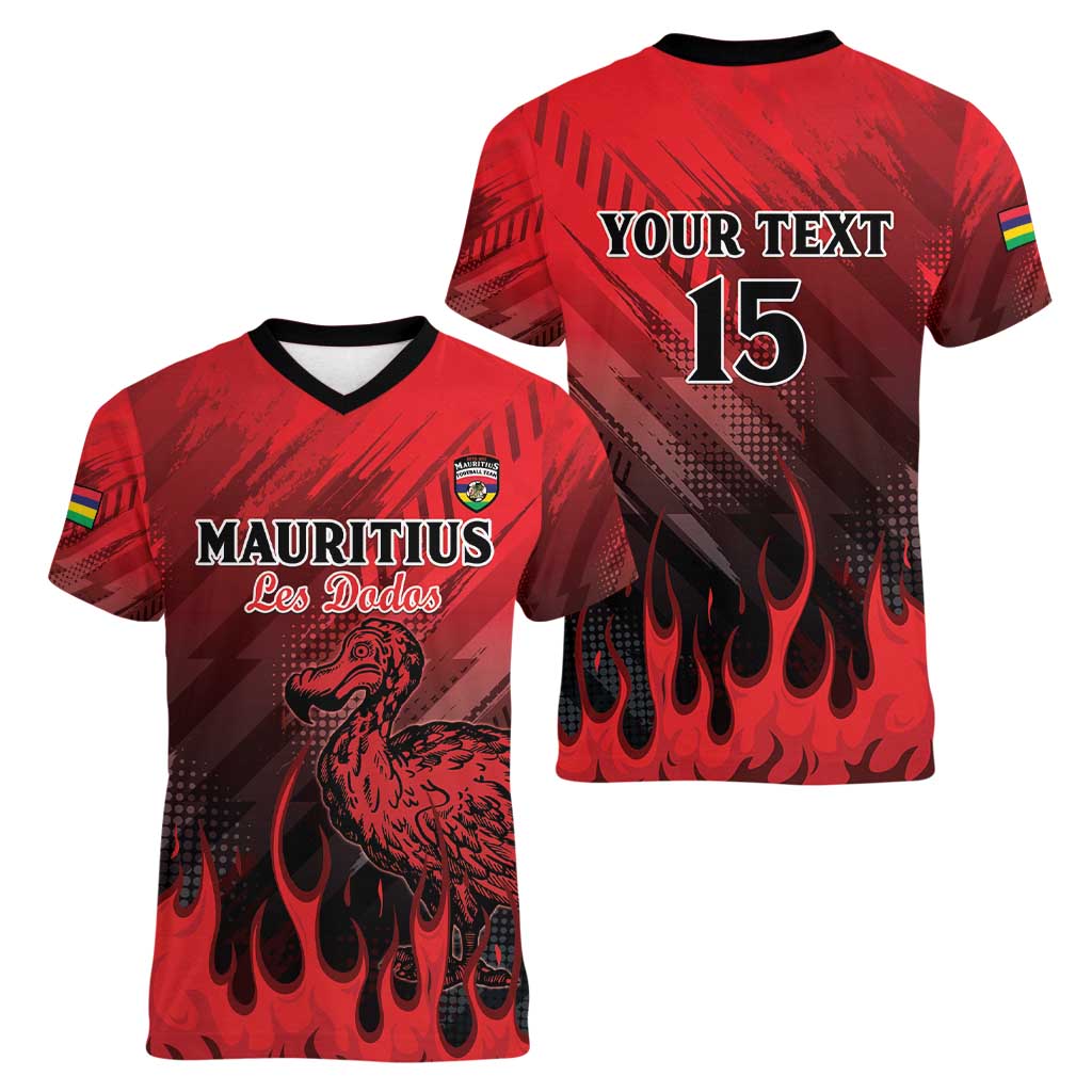 Personalised Mauritius Football Women V-Neck T-Shirt Allez Les Dodos Grunge Style