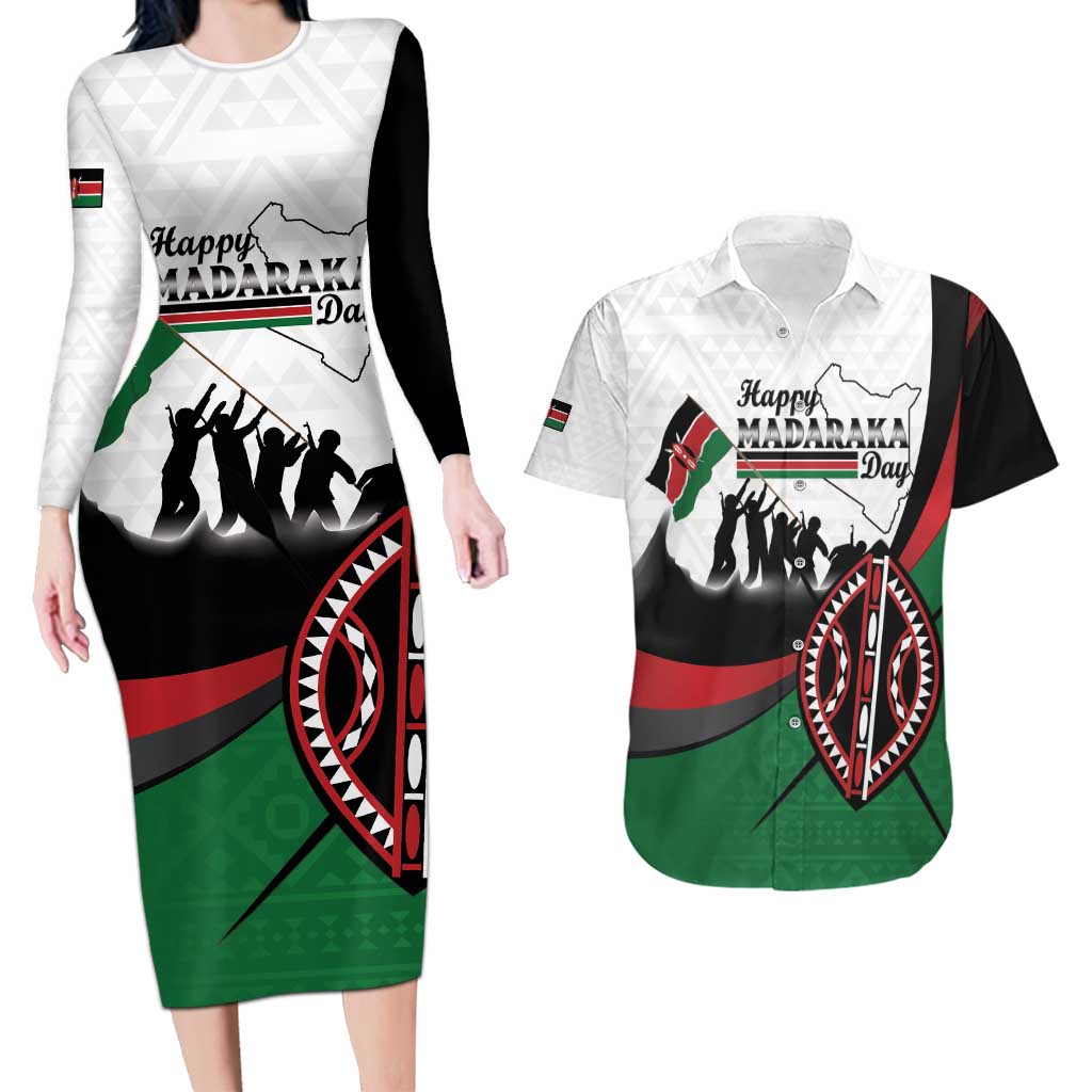 Personalised Happy Kenya Madaraka Day Couples Matching Long Sleeve Bodycon Dress and Hawaiian Shirt Maasai Shield - Kenyan Pattern