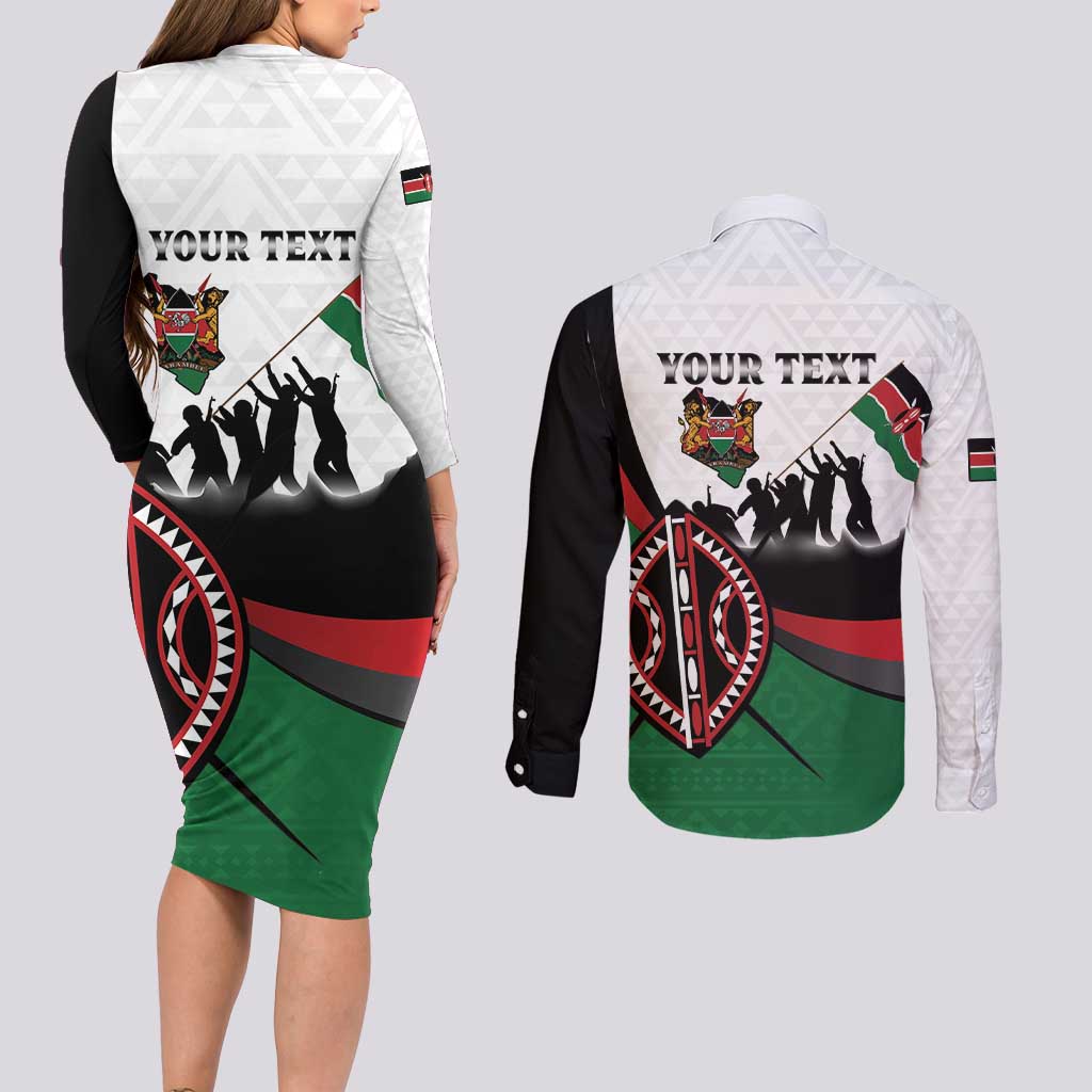 Personalised Happy Kenya Madaraka Day Couples Matching Long Sleeve Bodycon Dress and Long Sleeve Button Shirt Maasai Shield - Kenyan Pattern