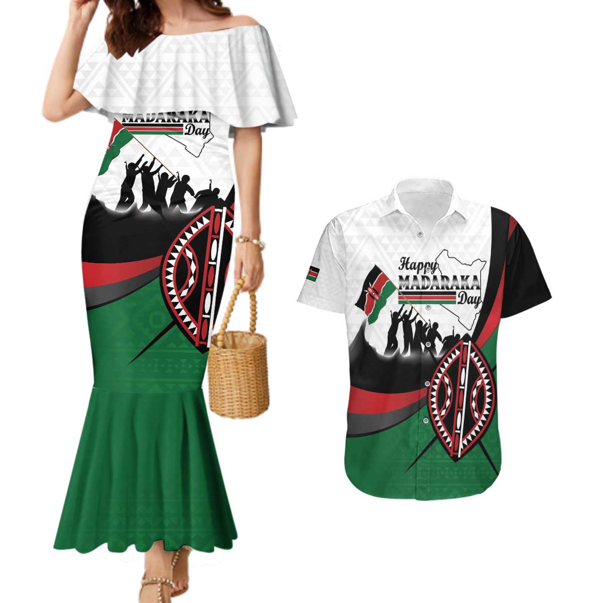 Personalised Happy Kenya Madaraka Day Couples Matching Mermaid Dress and Hawaiian Shirt Maasai Shield - Kenyan Pattern