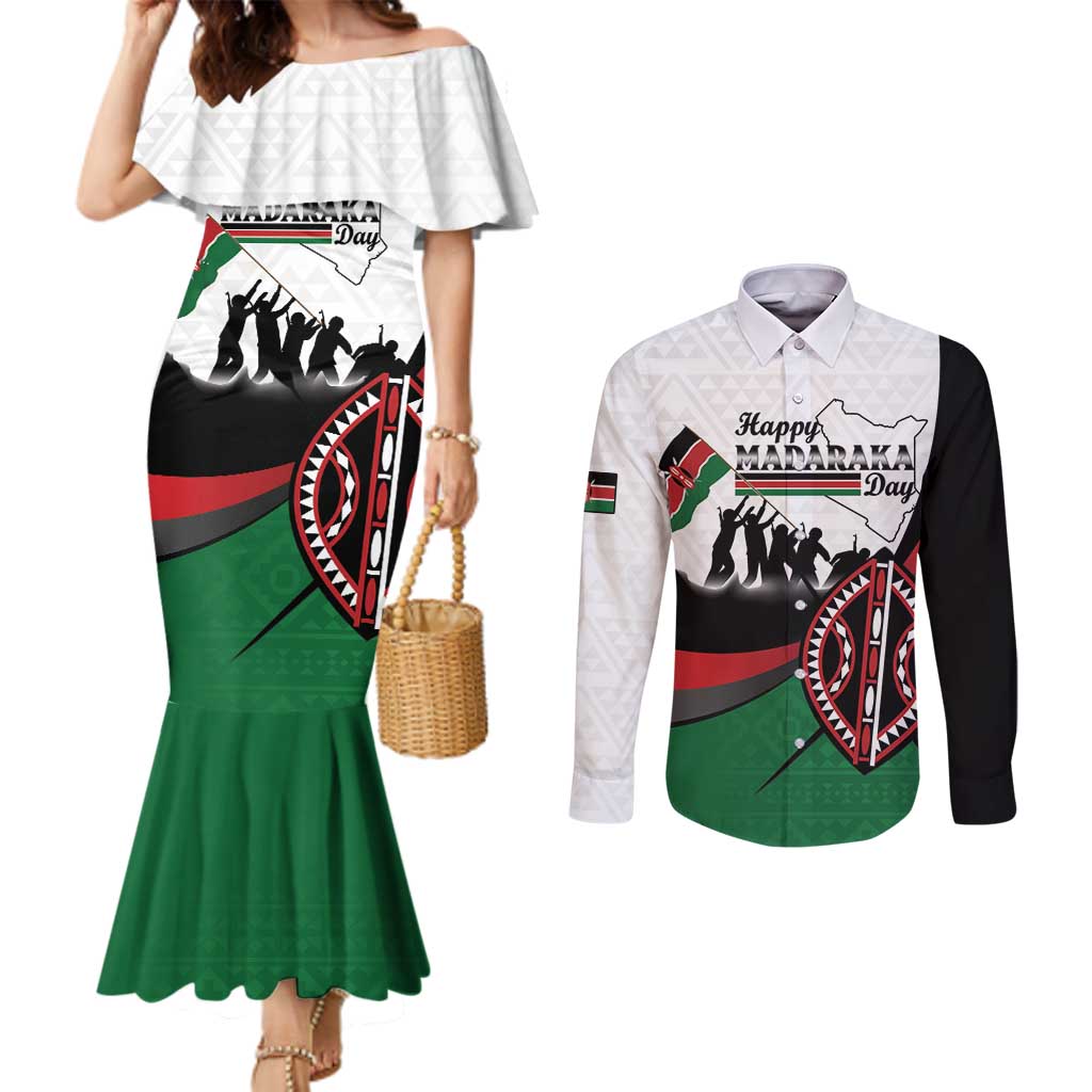 Personalised Happy Kenya Madaraka Day Couples Matching Mermaid Dress and Long Sleeve Button Shirt Maasai Shield - Kenyan Pattern