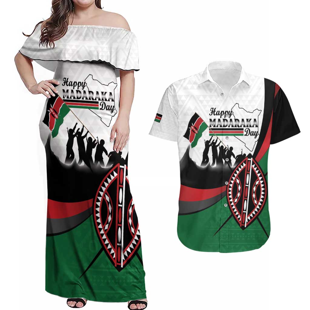 Personalised Happy Kenya Madaraka Day Couples Matching Off Shoulder Maxi Dress and Hawaiian Shirt Maasai Shield - Kenyan Pattern
