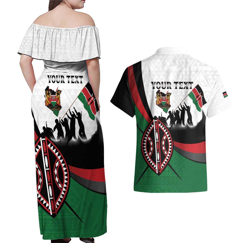 Personalised Happy Kenya Madaraka Day Couples Matching Off Shoulder Maxi Dress and Hawaiian Shirt Maasai Shield - Kenyan Pattern
