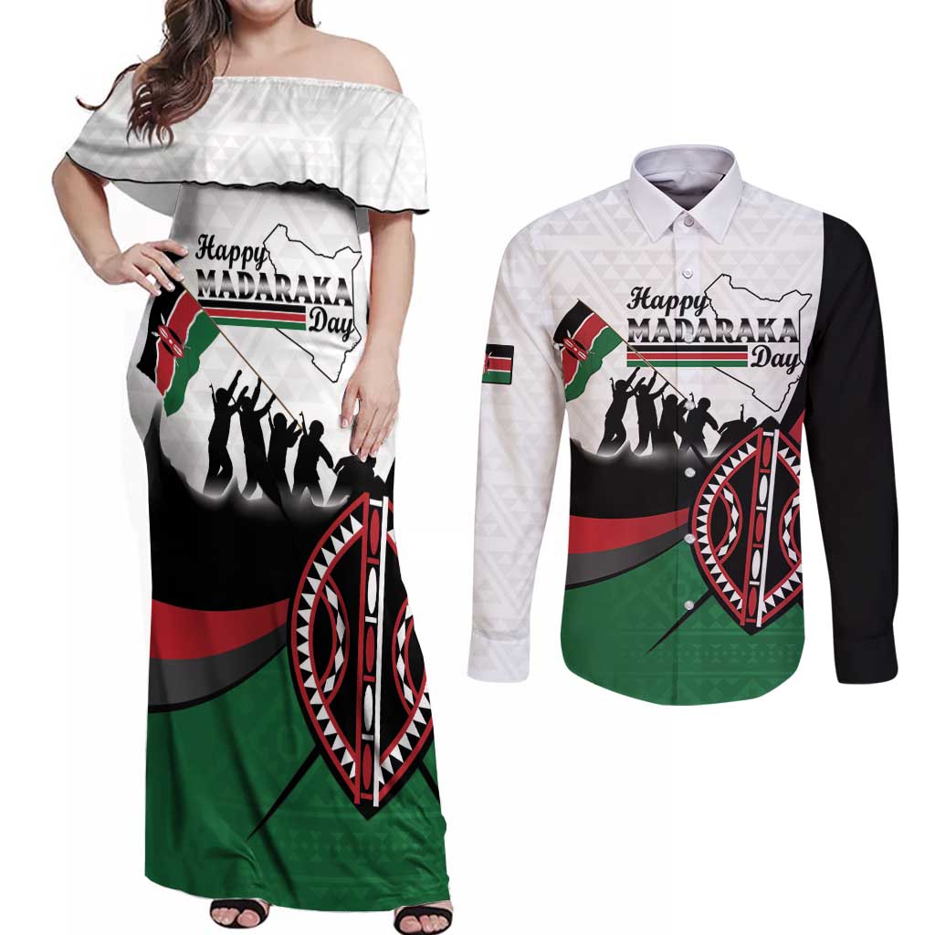 Personalised Happy Kenya Madaraka Day Couples Matching Off Shoulder Maxi Dress and Long Sleeve Button Shirt Maasai Shield - Kenyan Pattern
