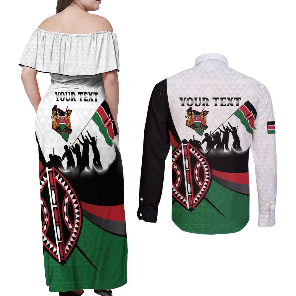 Personalised Happy Kenya Madaraka Day Couples Matching Off Shoulder Maxi Dress and Long Sleeve Button Shirt Maasai Shield - Kenyan Pattern