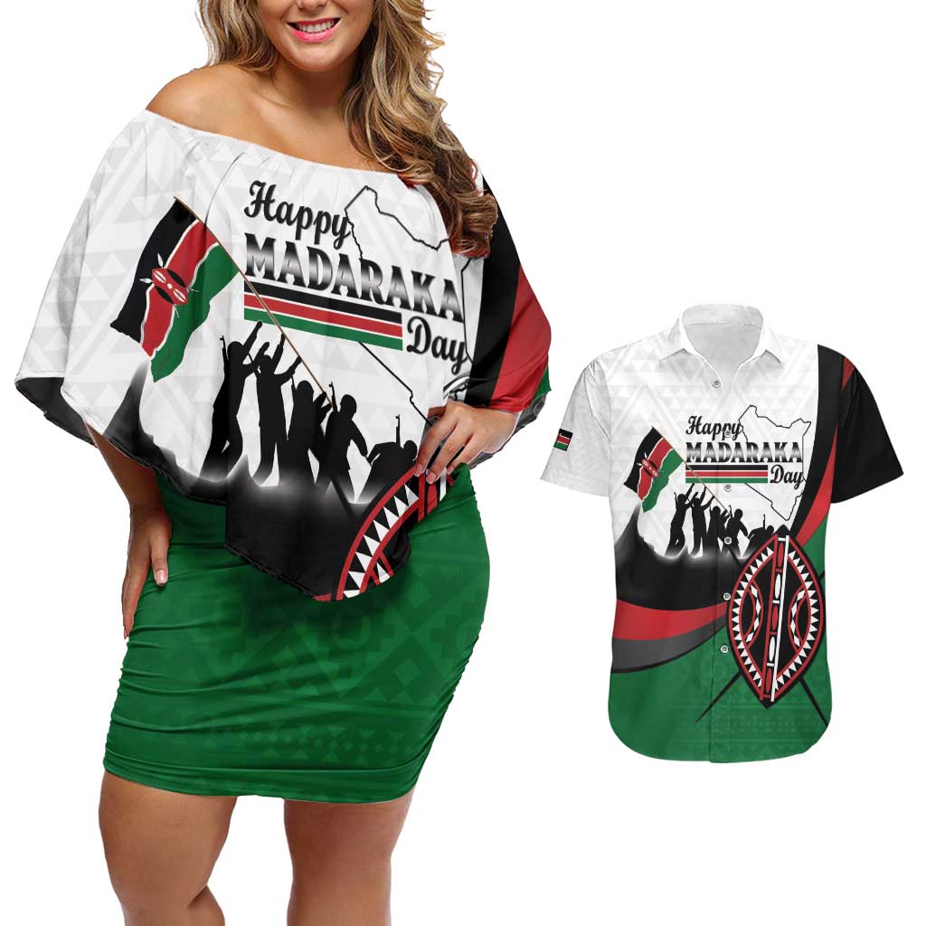 Personalised Happy Kenya Madaraka Day Couples Matching Off Shoulder Short Dress and Hawaiian Shirt Maasai Shield - Kenyan Pattern