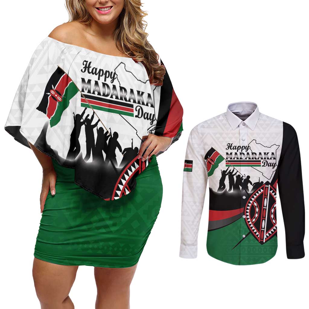 Personalised Happy Kenya Madaraka Day Couples Matching Off Shoulder Short Dress and Long Sleeve Button Shirt Maasai Shield - Kenyan Pattern