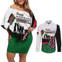 Personalised Happy Kenya Madaraka Day Couples Matching Off Shoulder Short Dress and Long Sleeve Button Shirt Maasai Shield - Kenyan Pattern
