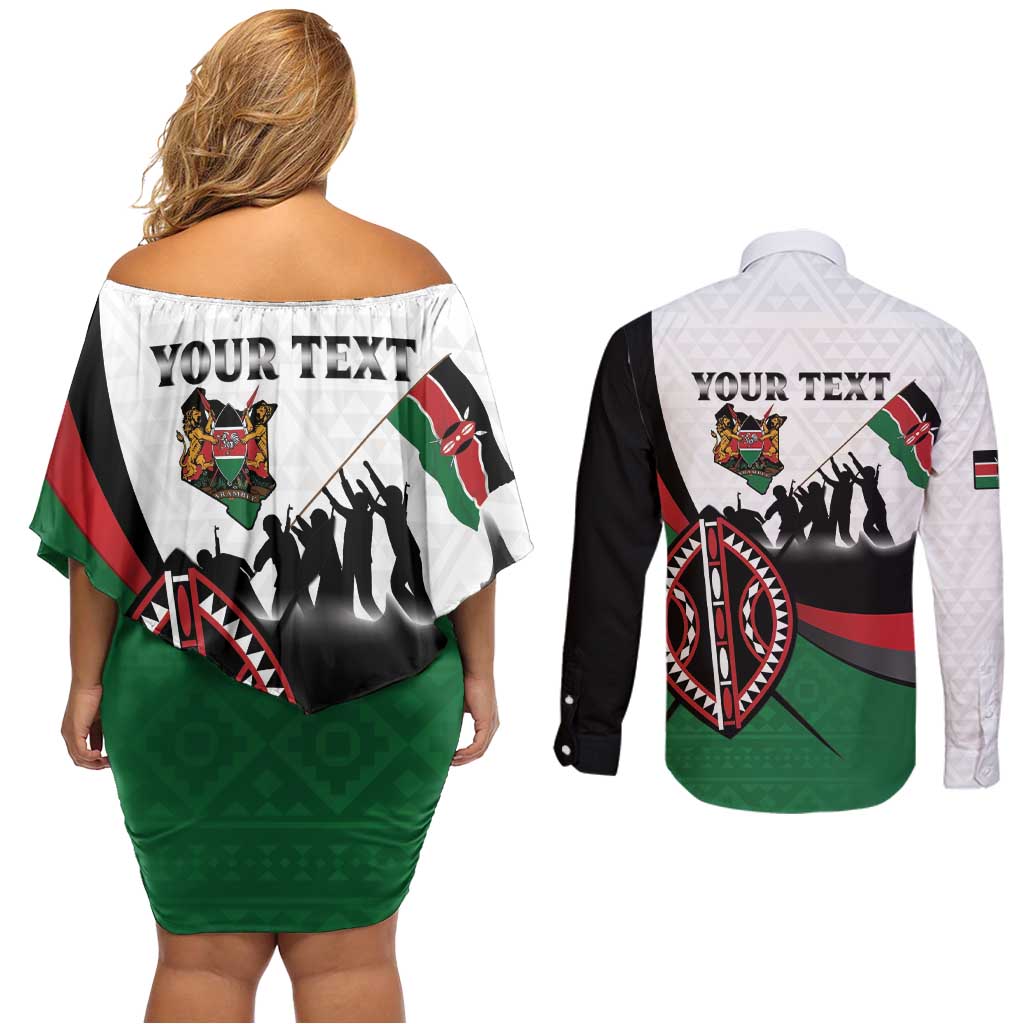 Personalised Happy Kenya Madaraka Day Couples Matching Off Shoulder Short Dress and Long Sleeve Button Shirt Maasai Shield - Kenyan Pattern