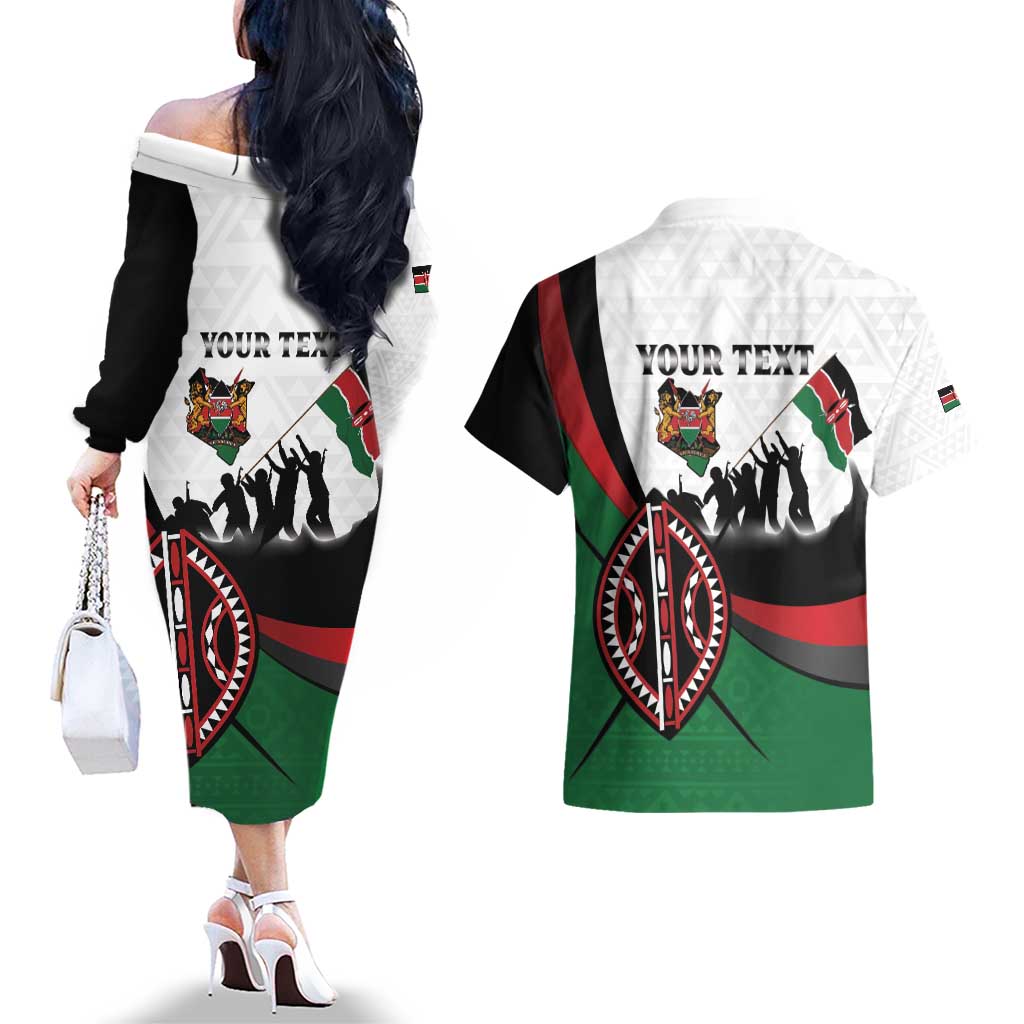 Personalised Happy Kenya Madaraka Day Couples Matching Off The Shoulder Long Sleeve Dress and Hawaiian Shirt Maasai Shield - Kenyan Pattern