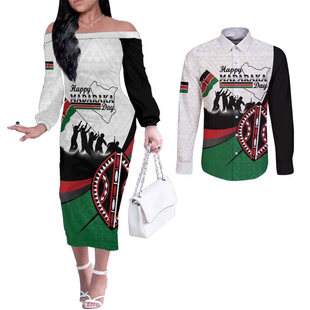 Personalised Happy Kenya Madaraka Day Couples Matching Off The Shoulder Long Sleeve Dress and Long Sleeve Button Shirt Maasai Shield - Kenyan Pattern