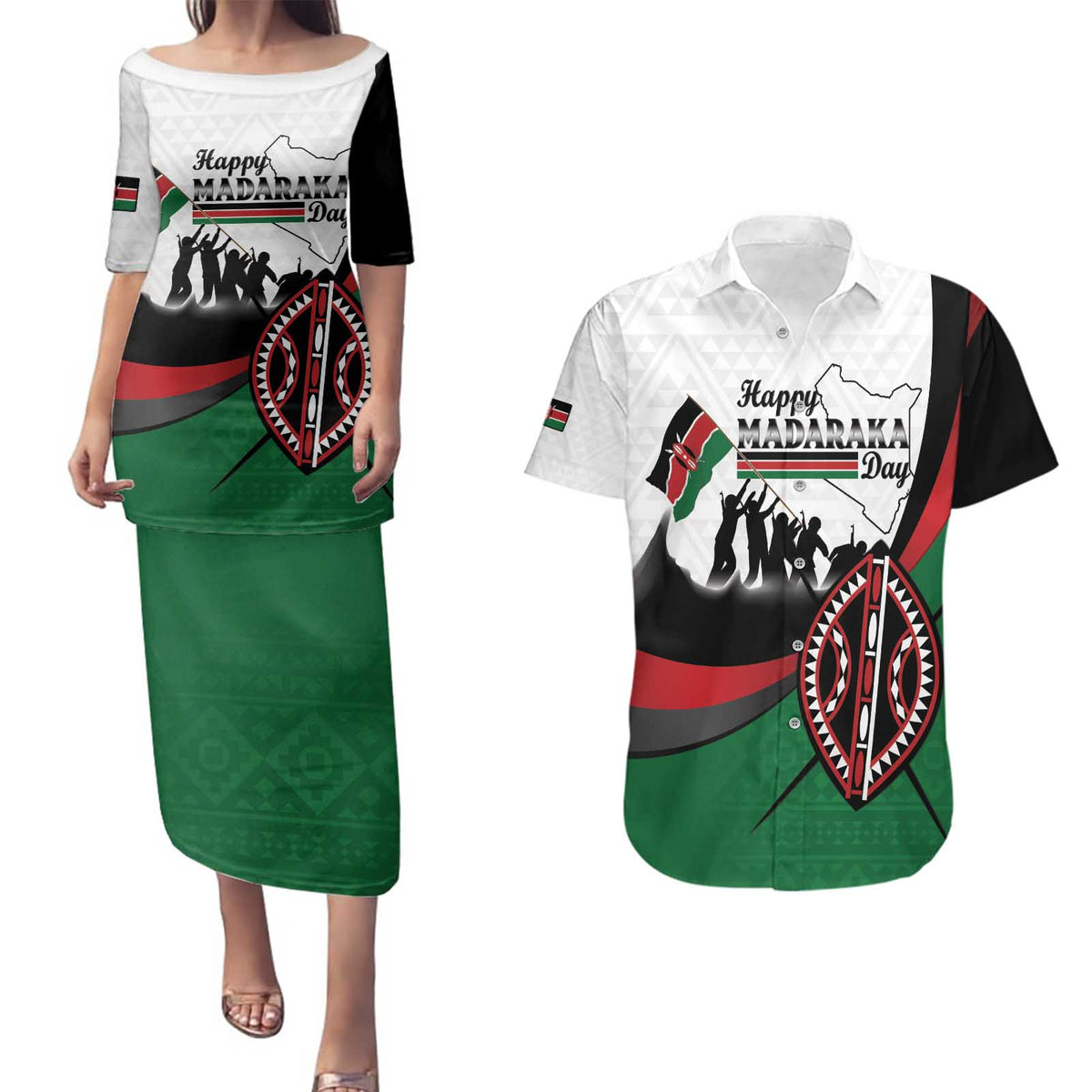Personalised Happy Kenya Madaraka Day Couples Matching Puletasi and Hawaiian Shirt Maasai Shield - Kenyan Pattern