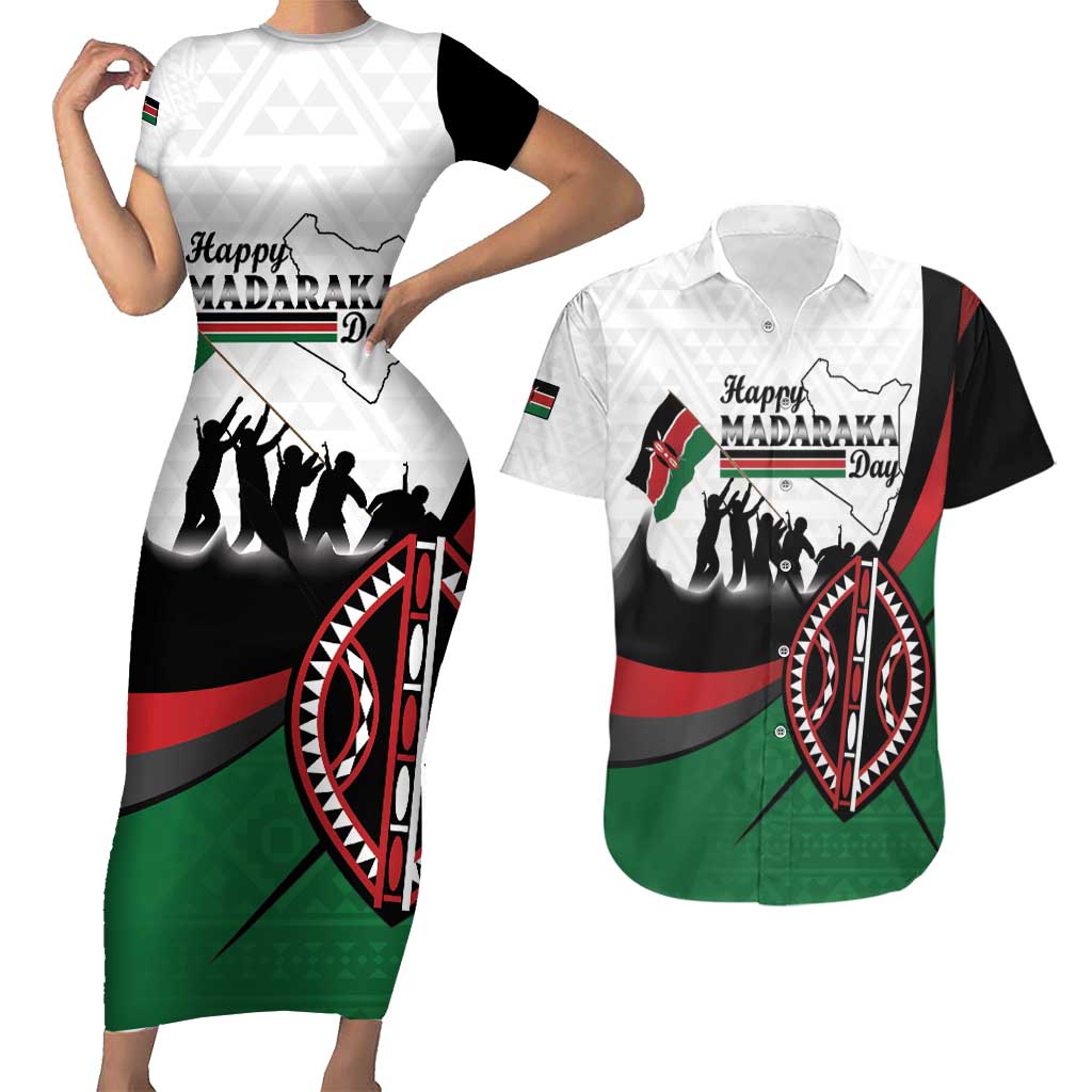 Personalised Happy Kenya Madaraka Day Couples Matching Short Sleeve Bodycon Dress and Hawaiian Shirt Maasai Shield - Kenyan Pattern