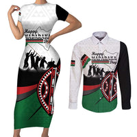 Personalised Happy Kenya Madaraka Day Couples Matching Short Sleeve Bodycon Dress and Long Sleeve Button Shirt Maasai Shield - Kenyan Pattern