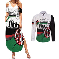 Personalised Happy Kenya Madaraka Day Couples Matching Summer Maxi Dress and Long Sleeve Button Shirt Maasai Shield - Kenyan Pattern