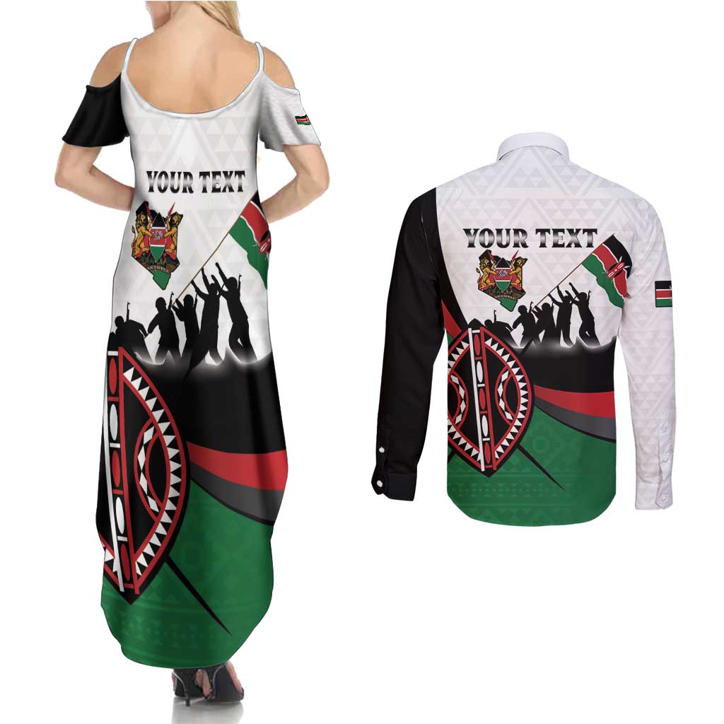Personalised Happy Kenya Madaraka Day Couples Matching Summer Maxi Dress and Long Sleeve Button Shirt Maasai Shield - Kenyan Pattern