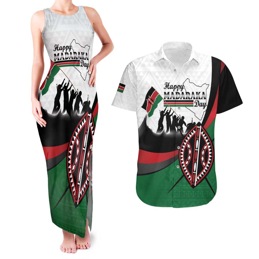 Personalised Happy Kenya Madaraka Day Couples Matching Tank Maxi Dress and Hawaiian Shirt Maasai Shield - Kenyan Pattern