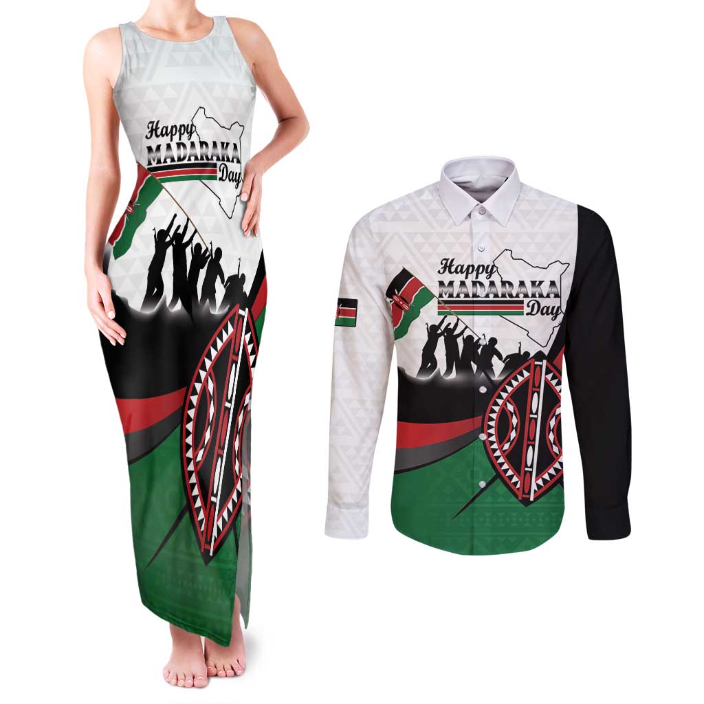 Personalised Happy Kenya Madaraka Day Couples Matching Tank Maxi Dress and Long Sleeve Button Shirt Maasai Shield - Kenyan Pattern