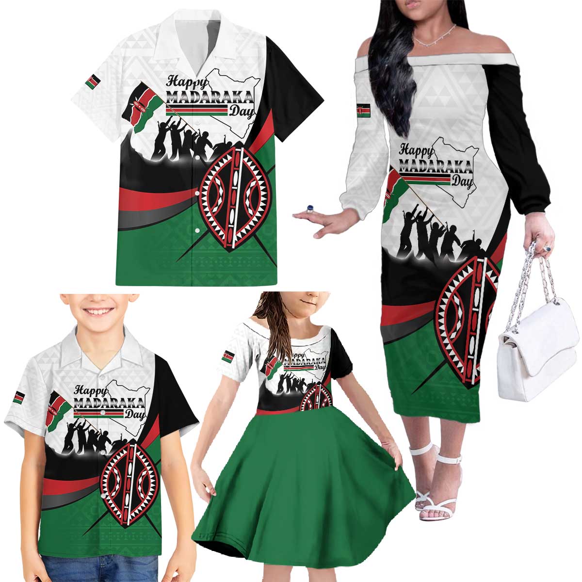 Personalised Happy Kenya Madaraka Day Family Matching Off The Shoulder Long Sleeve Dress and Hawaiian Shirt Maasai Shield - Kenyan Pattern