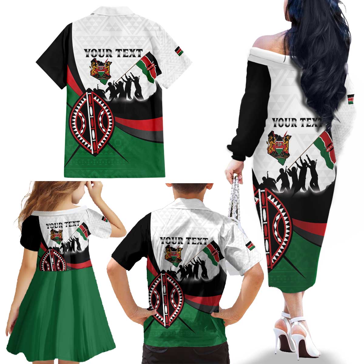 Personalised Happy Kenya Madaraka Day Family Matching Off The Shoulder Long Sleeve Dress and Hawaiian Shirt Maasai Shield - Kenyan Pattern