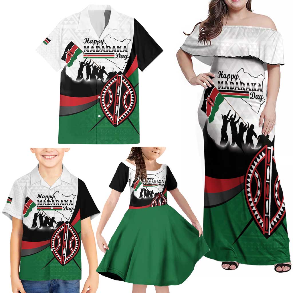 Personalised Happy Kenya Madaraka Day Family Matching Off Shoulder Maxi Dress and Hawaiian Shirt Maasai Shield - Kenyan Pattern