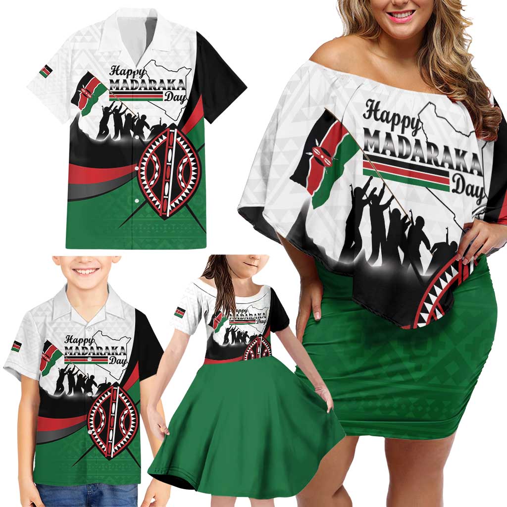 Personalised Happy Kenya Madaraka Day Family Matching Off Shoulder Short Dress and Hawaiian Shirt Maasai Shield - Kenyan Pattern