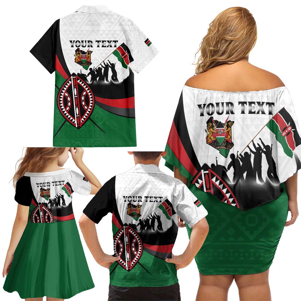 Personalised Happy Kenya Madaraka Day Family Matching Off Shoulder Short Dress and Hawaiian Shirt Maasai Shield - Kenyan Pattern