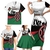 Personalised Happy Kenya Madaraka Day Family Matching Short Sleeve Bodycon Dress and Hawaiian Shirt Maasai Shield - Kenyan Pattern