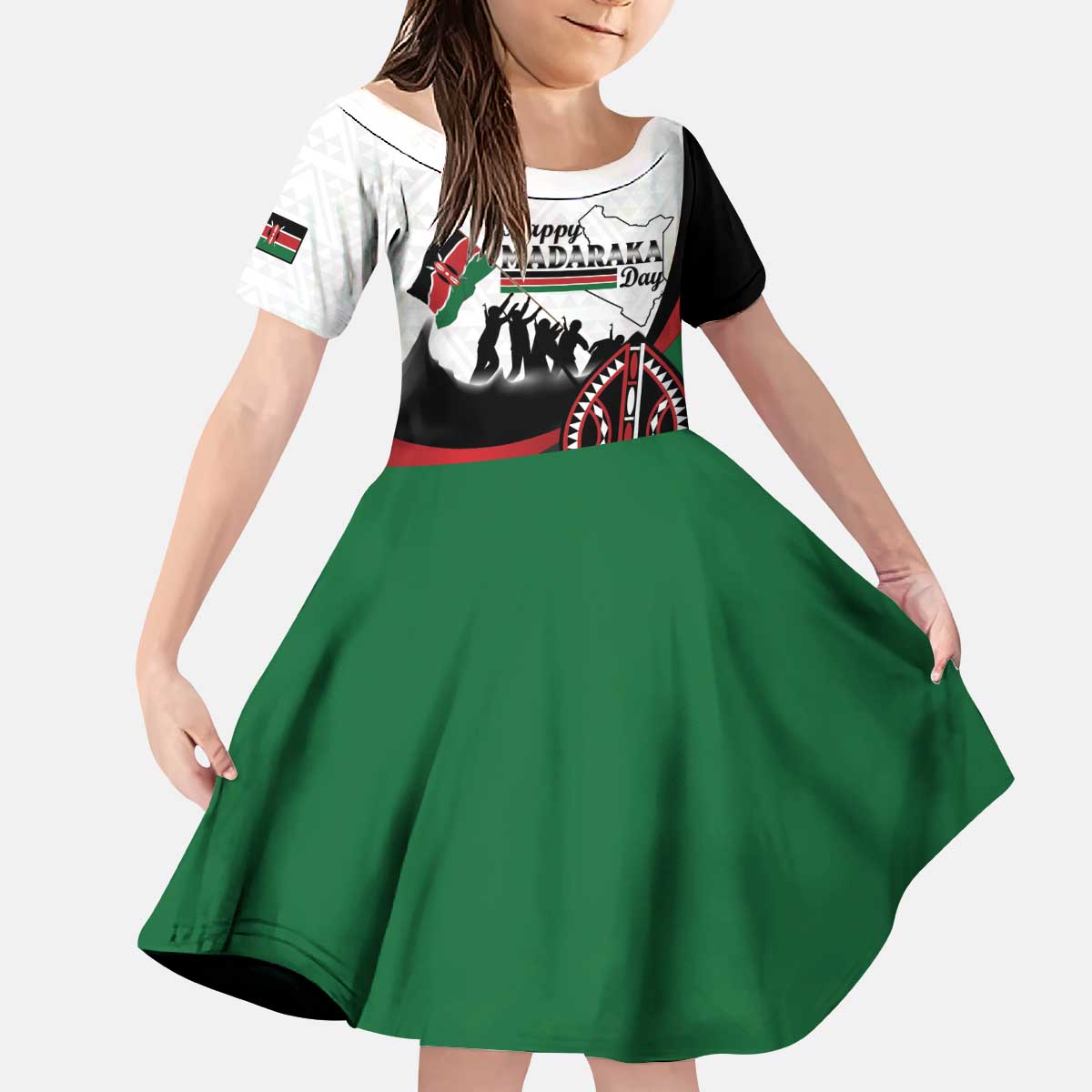 Personalised Happy Kenya Madaraka Day Kid Short Sleeve Dress Maasai Shield - Kenyan Pattern